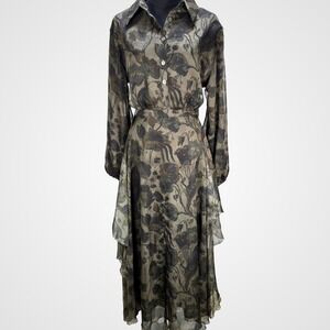 Women's‎ Large Olive Floral Tiered Midi Dress Whimsigoth Witchy Cottage Romantic